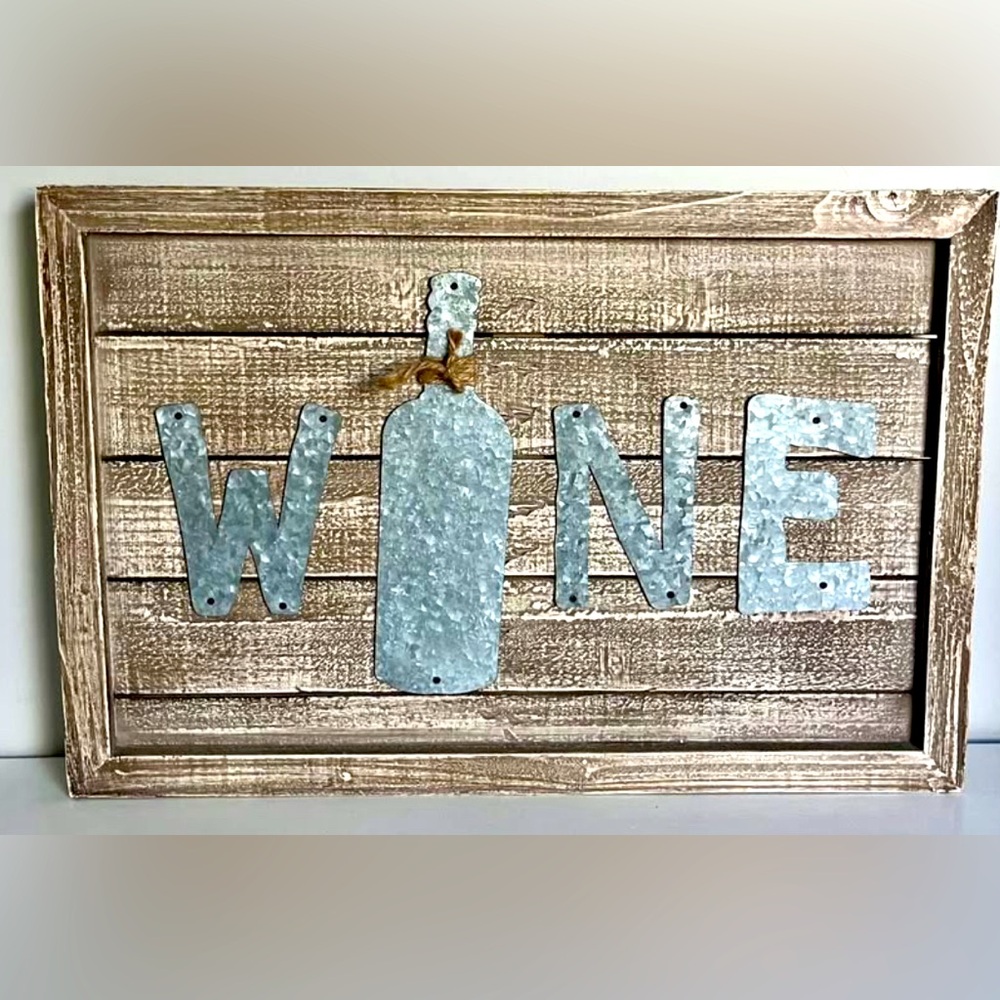 Rustic Barn Wood Metal Wine Sign 23.5 x 16 inches